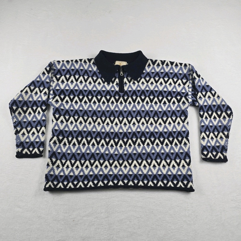 Express Tricot 1/4 Zip Pullover Vintage Sweater Large Collar Blue White Roll Hem